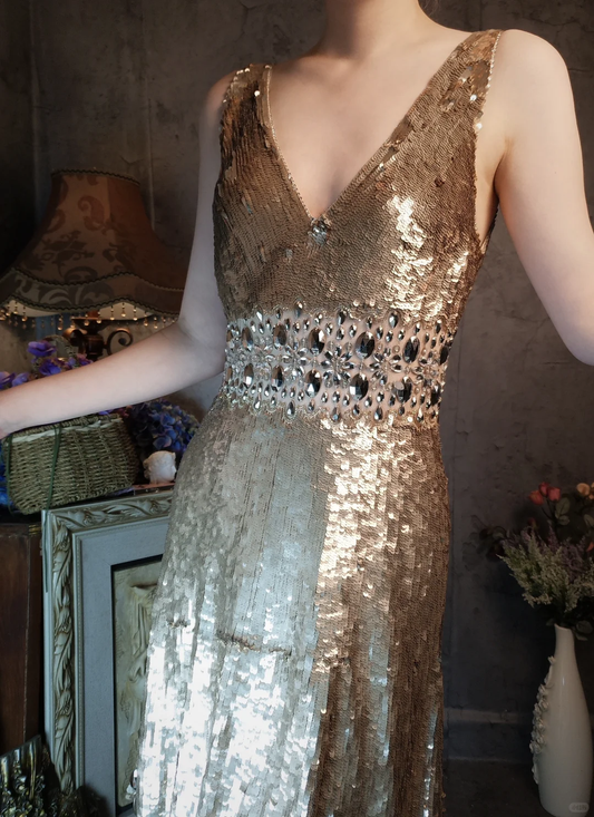 Retro Golden V-neck Sparkling Beaded Sequin Design A-line Short Homecoming Dress TP4021