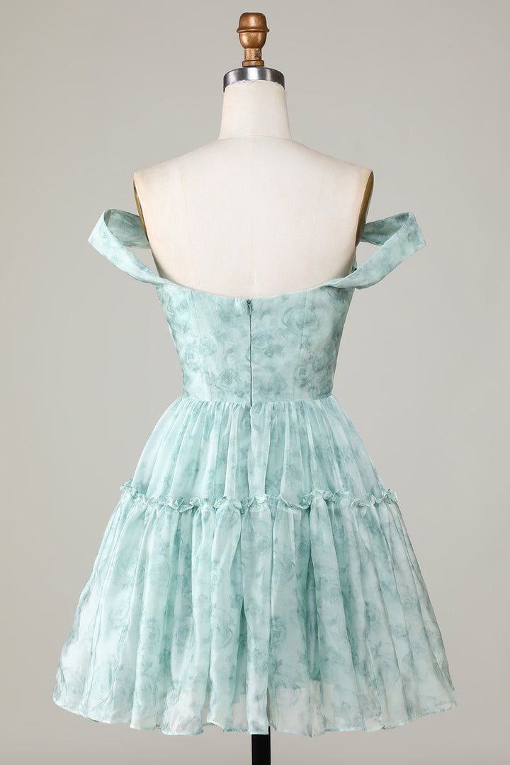 New Fashion Light Green Floral Design A-line Off-the-shoulder Homecoming Dress TP3417