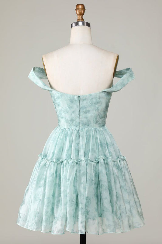 New Fashion Light Green Floral Design A-line Off-the-shoulder Homecoming Dress TP3417