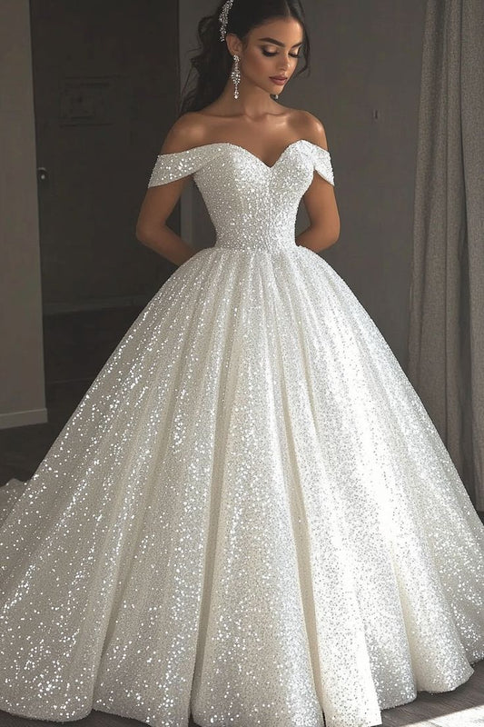 Vestido de novia etéreo, vestido de fiesta con hombros descubiertos y lentejuelas blancas, vestidos de novia DP1676
