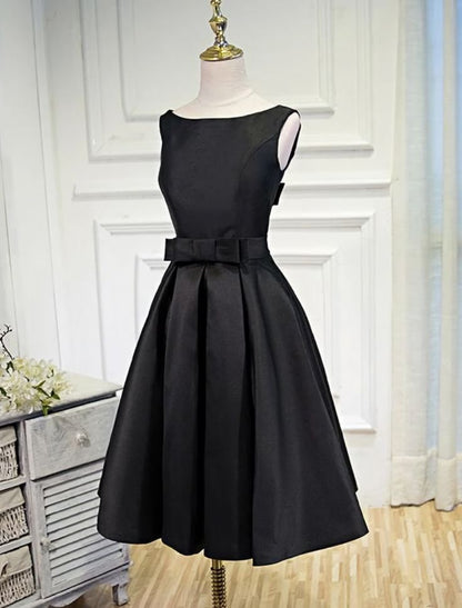 Black elegant cute simple knee-length mid-length satin homecoming dress prom dress evening dress party dress gh188