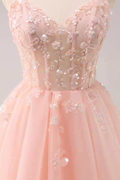Vintage Pink 3D Flowers Design A-line Sleeveless Spaghetti Strap Homecoming Dress TP3451