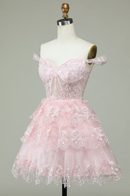 Vintage Pink Floral Embroidery Design A-line Off-the-shoulder Tiered Homecoming Dress TP3418