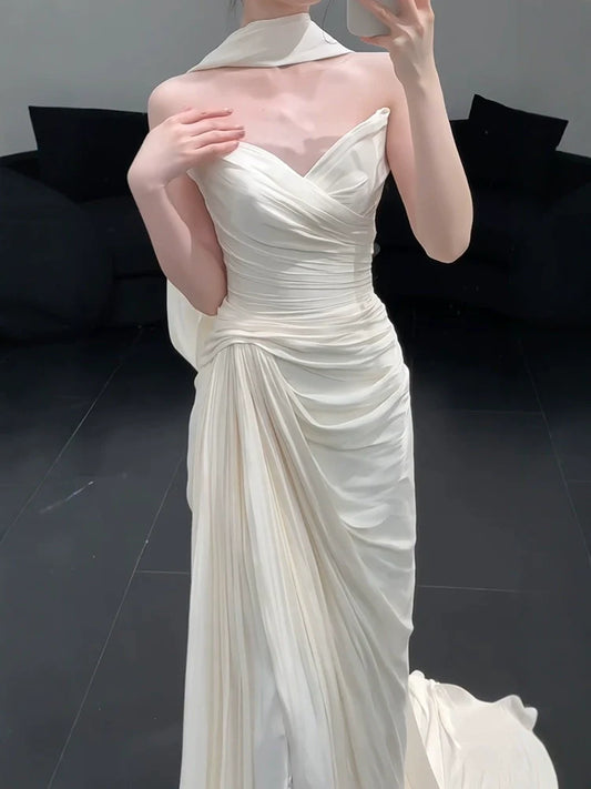 Strapless Pleat Long Wedding Dress Evening Party Dresses    fg7706