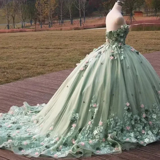 Elegante vestido de quinceañera verde salvia con apliques y hombros descubiertos, corte en A, largo hasta el suelo, para fiesta de graduación, cumpleaños, noche, baile, TP4533