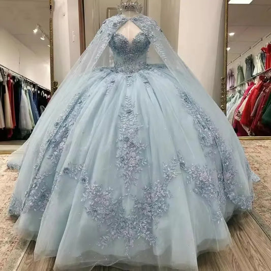 Vestido de quinceañera azul claro de encaje, vestidos de 15 años para fiesta de cumpleaños, vestidos de princesa para baile
