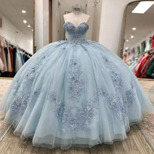 Vestido de quinceañera azul claro de encaje, vestidos de 15 años para fiesta de cumpleaños, vestidos de princesa para baile