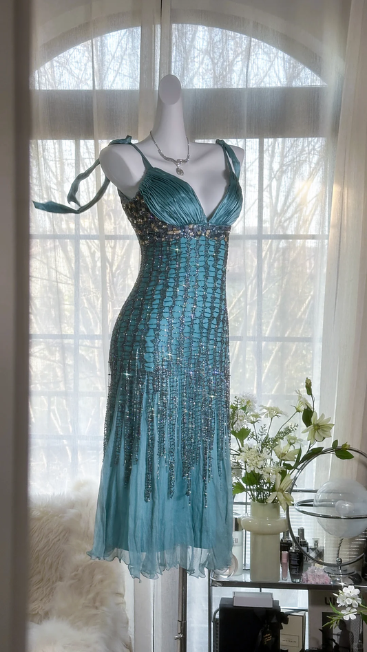 Elegant Blue Sparkling Beaded Spaghetti Strap V-neck Romantic Chiffon Evening Dress Prom Dresses TP3982