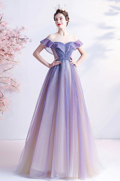Purple Scoop Neckline Tulle Long Prom Dress, A-Line Formal Evening Dress