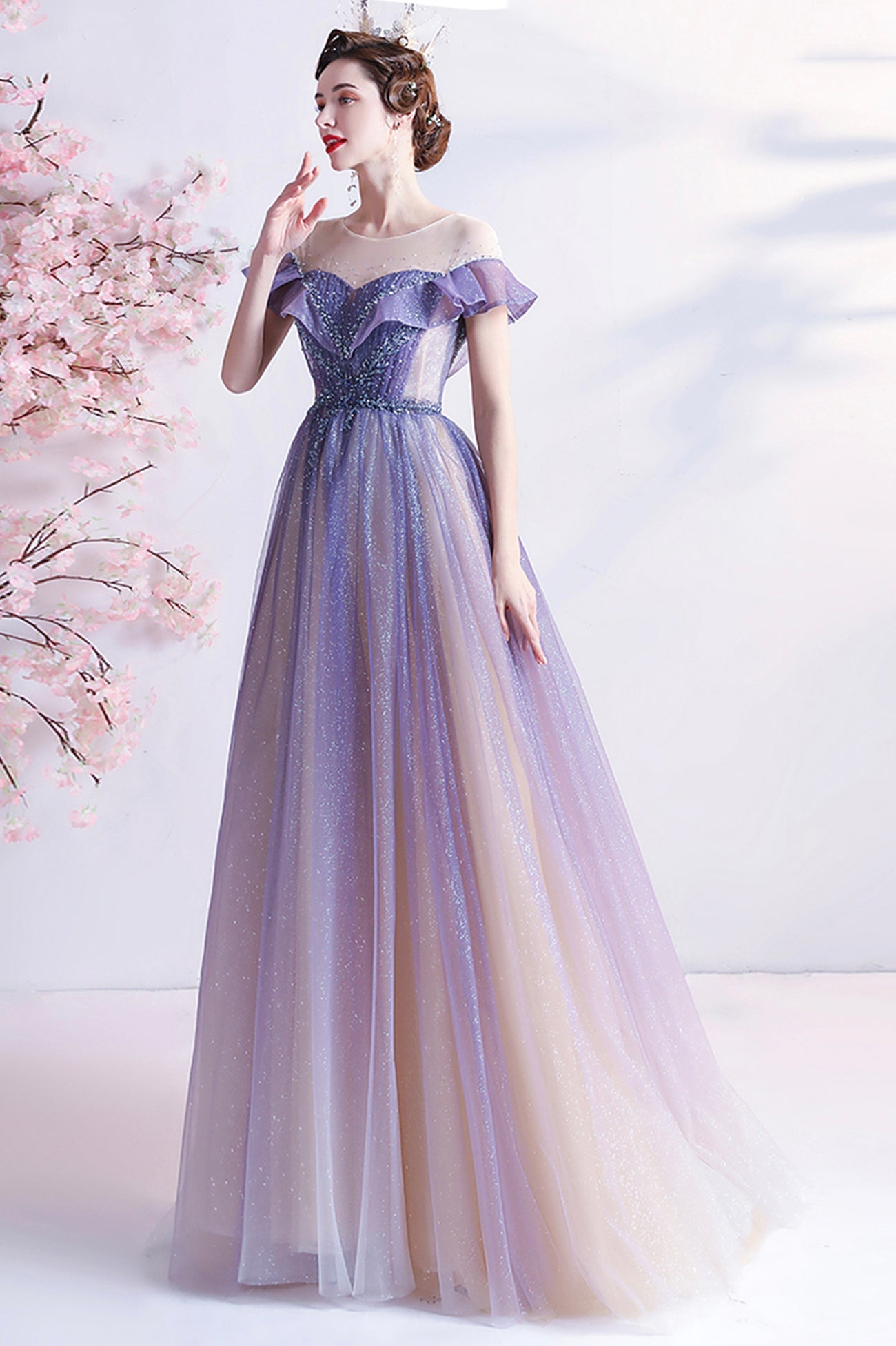 Purple Scoop Neckline Tulle Long Prom Dress, A-Line Formal Evening Dress