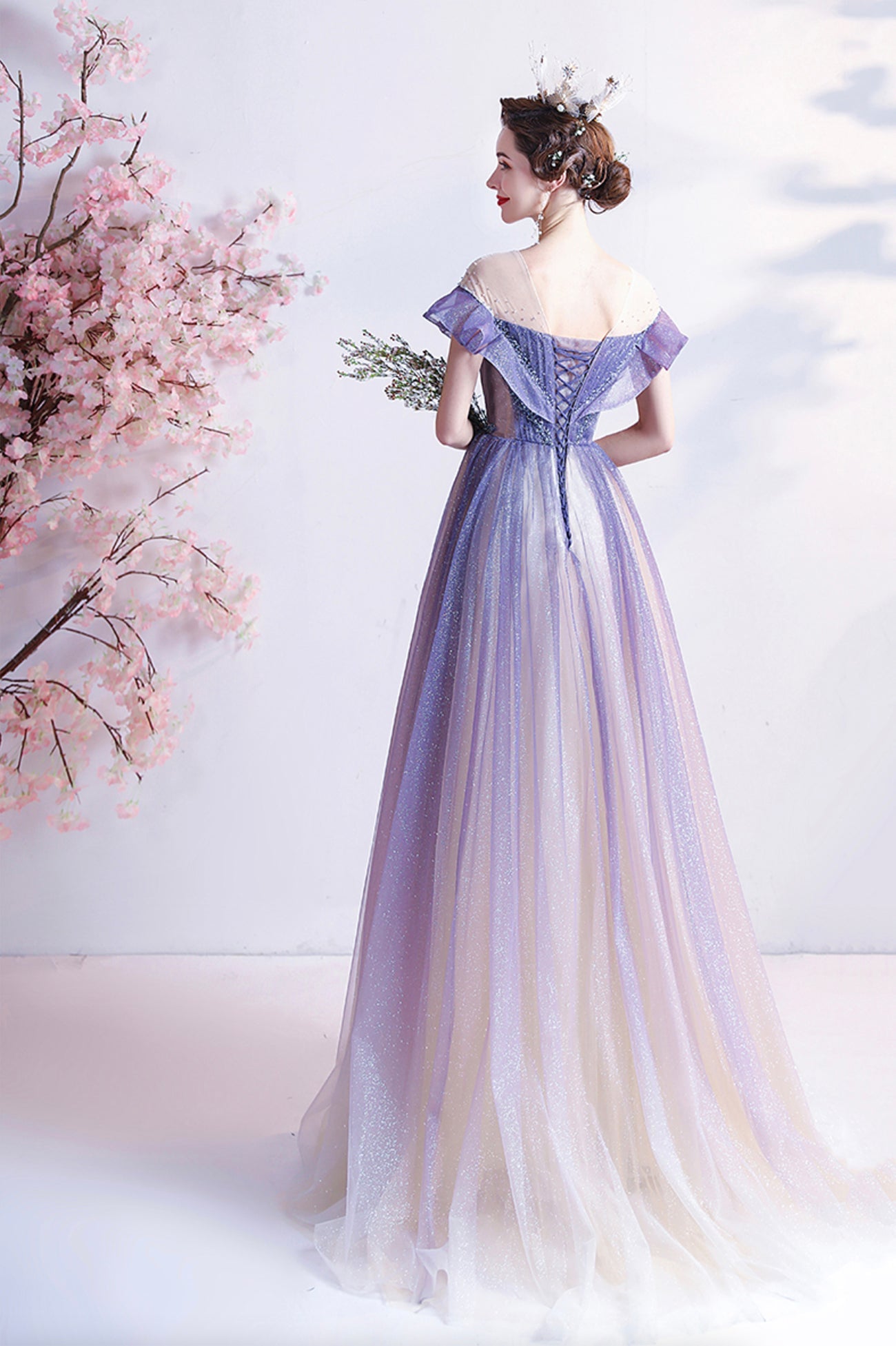 Purple Scoop Neckline Tulle Long Prom Dress, A-Line Formal Evening Dress
