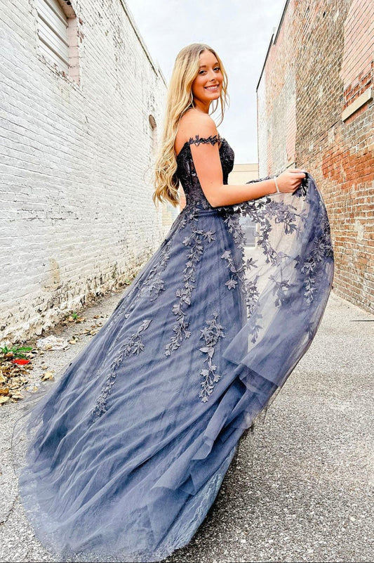 Black Off the Shoulder Lace Long Prom Dress, A-Line Tulle Evening Dress with Slit