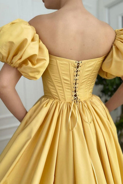 Yellow Satin Long A-Line Prom Dress, Cute Short Sleeve Evening Dress with Slit