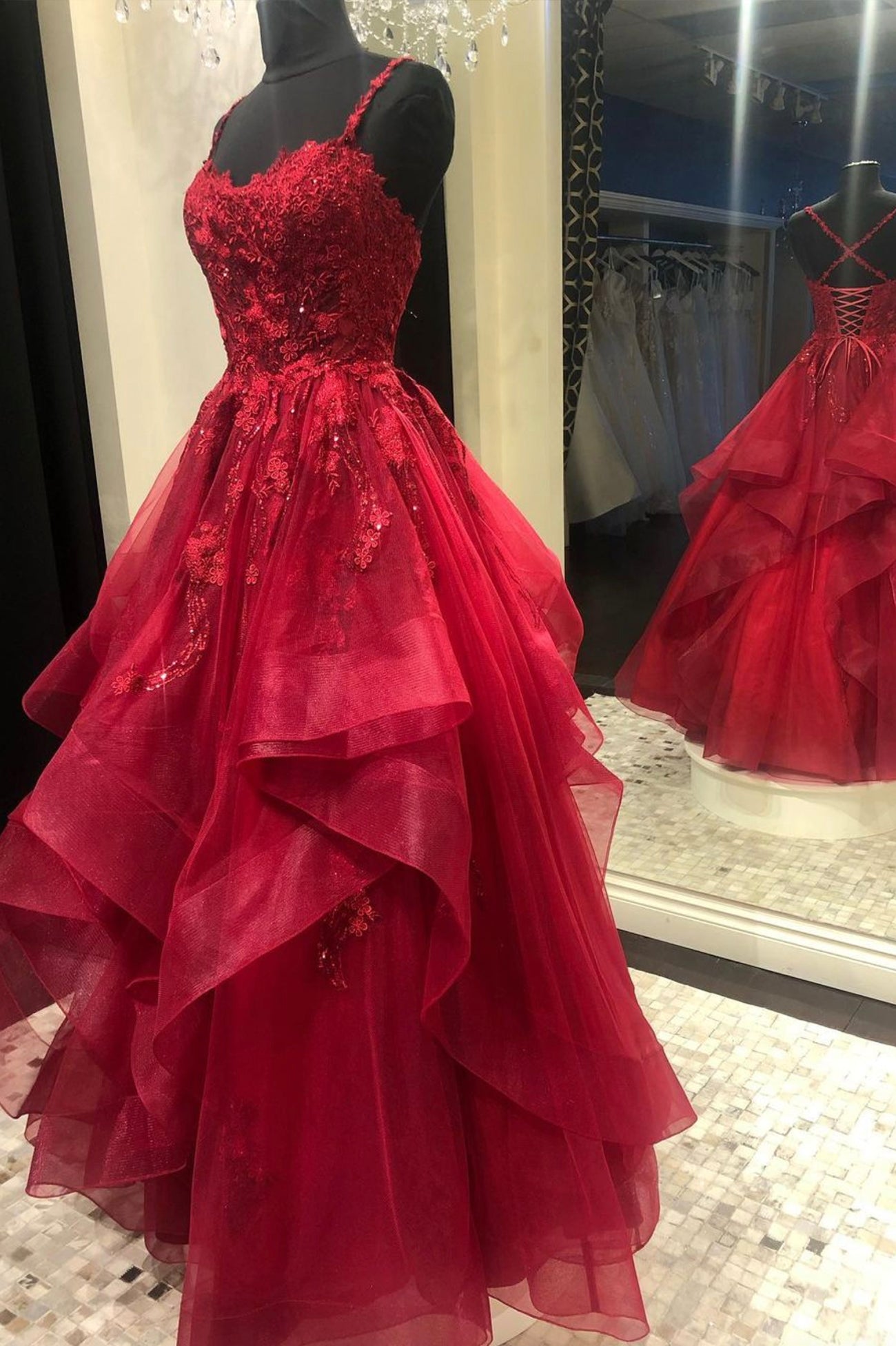 Vestido de fiesta largo rojo oscuro, vestidos formales de tendencia con falda con volantes
