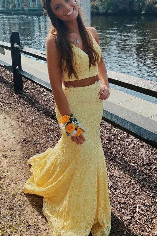 Yellow Mermaid Lace Long Prom Dress, Two Piece Graduation Gown GP274