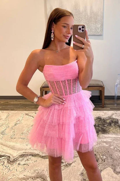 Pink Strapless A-Line Tulle Ruffle Homecoming Dress, AST1181