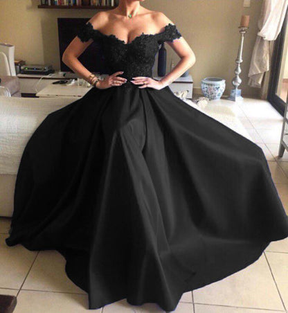 Vestidos de noche largos de sirena de satén con escote en forma de corazón y encaje, vestidos de fiesta con hombros descubiertos