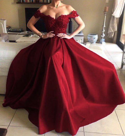 Vestidos de noche largos de sirena de satén con escote en forma de corazón y encaje, vestidos de fiesta con hombros descubiertos