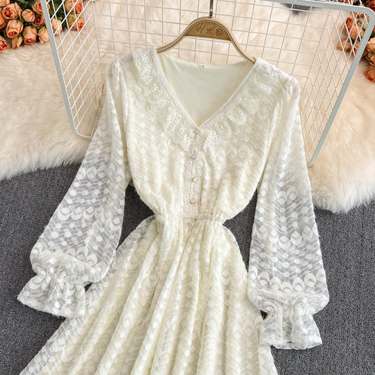 Champagne V Neck Lace Long Dress Fashion Dress  10957