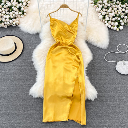 V-neck slim slim acetate Satin pleated split dress dress  11180