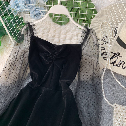 Black Velvet Short Dress Black Fashion Dress  10941