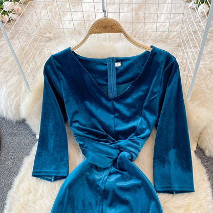 Stylish V Neck Velvet Long Dress Fahsion Dress  10938