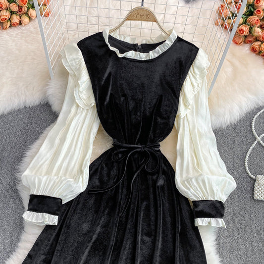 Black Velvet Long Sleeve Dress Fashion Dress  10954