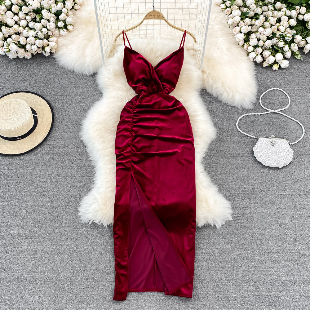 Slim open back split gold velvet dress suspender dress  11055