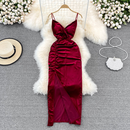 Slim open back split gold velvet dress suspender dress  11055