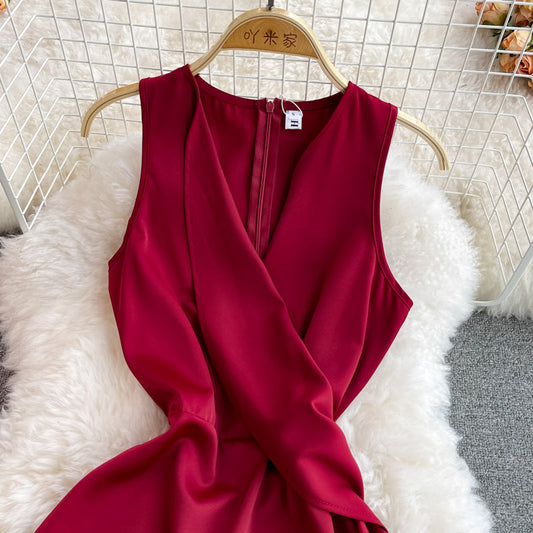 Red V Neck Short Dress Fashion Dress  10939