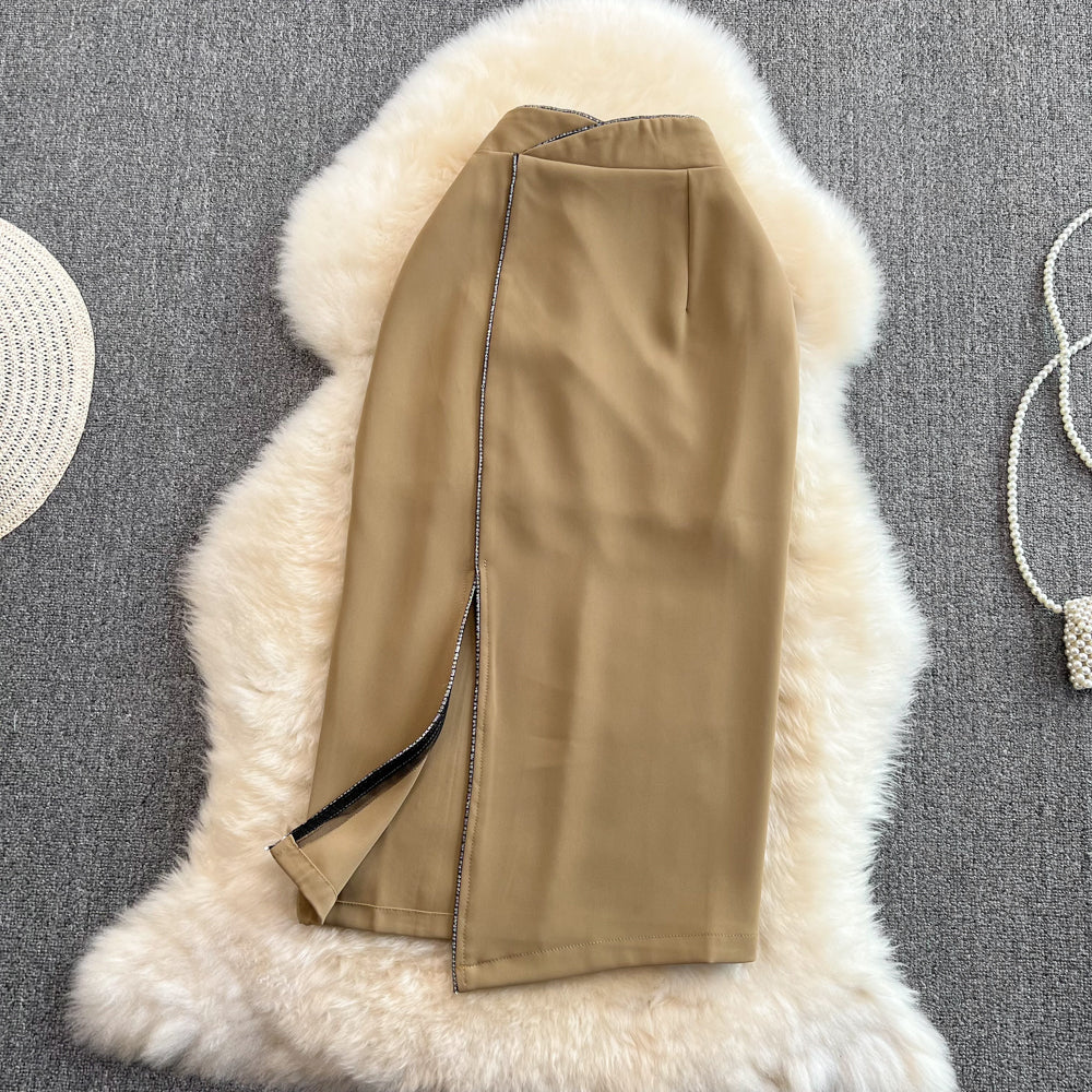 Versatile high waist slim wrap hip skirt medium length split one-step skirt  11284