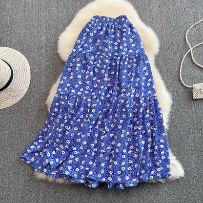 New style high waist thin, medium and Long Ruffle floral skirt  11285
