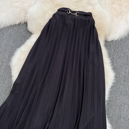 Versatile A-line pleated skirt, elastic waist, medium length, over Knee Skirt  11291
