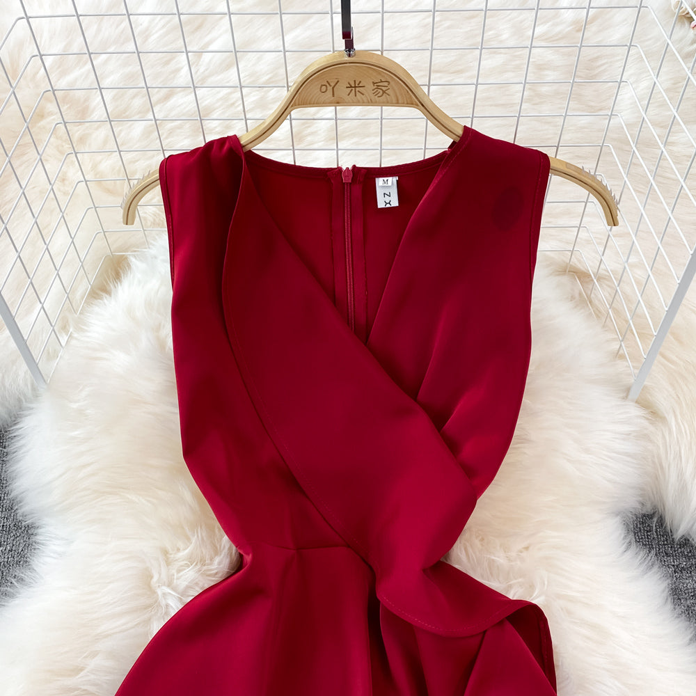 V-neck high waist slim Ruffle sleeveless A-line dress  11029