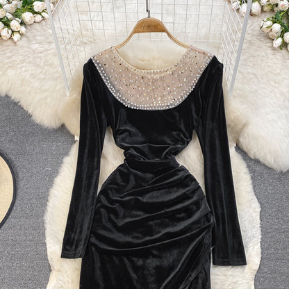 Black Velvet Long Sleeve Dress Fashion Dress  10929