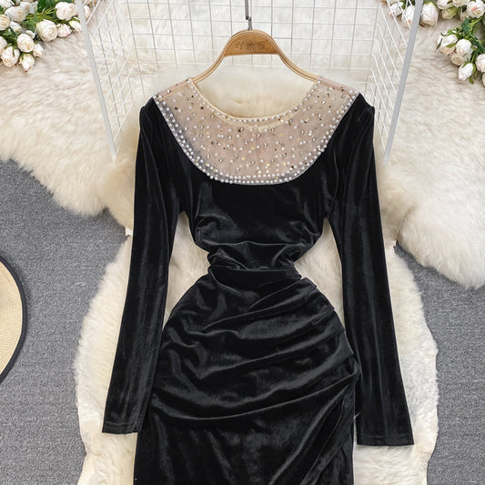Black Velvet Long Sleeve Dress Fashion Dress  10929