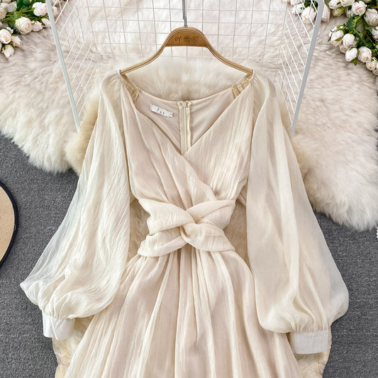 Champagne V Neck Long Sleeve Dress Fashion Dress  10894