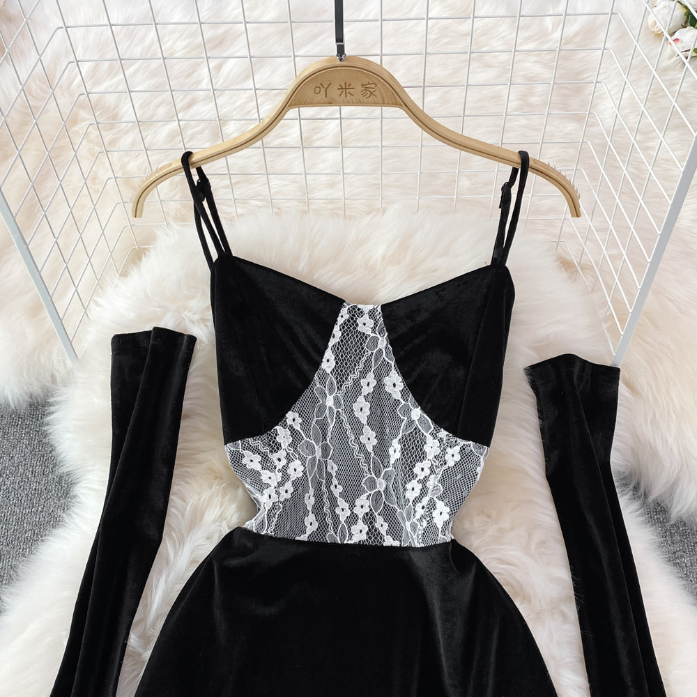 Hepburn style black velvet suspender skirt design sense evening dress skirt  10999