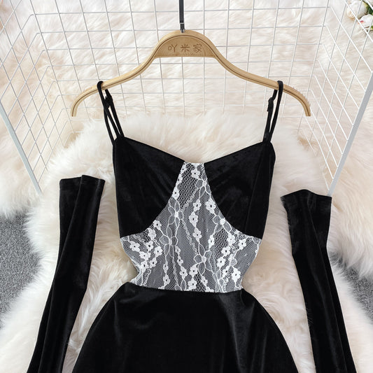 Hepburn style black velvet suspender skirt design sense evening dress skirt  10999
