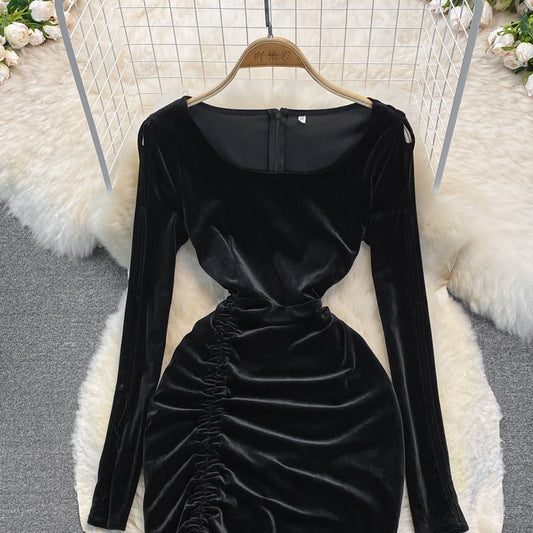 Black Velvet Long Sleeve Dress Sexy Dress  10948
