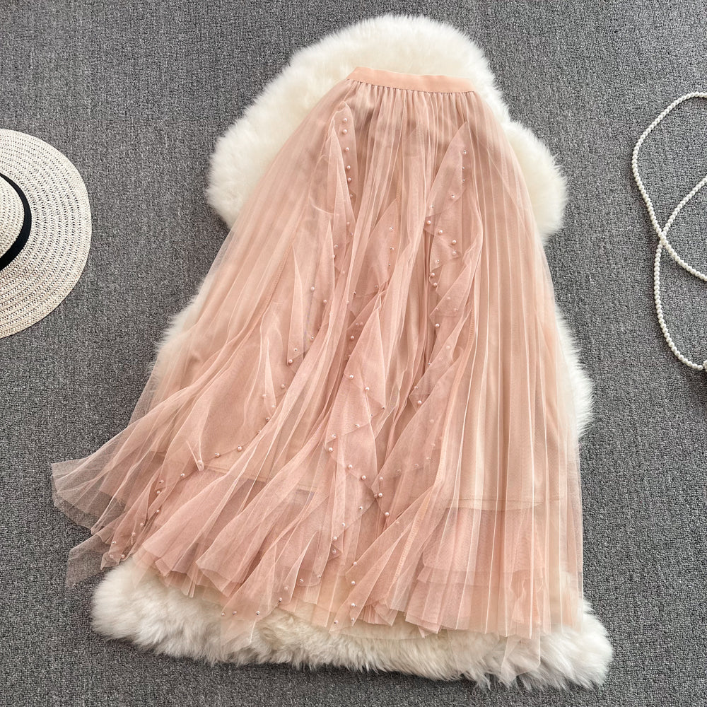 Elastic waist super fairy irregular nail bead mesh skirt  11286