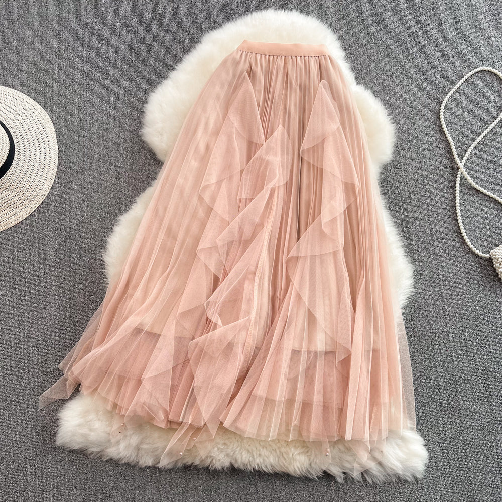 Elastic waist super fairy irregular nail bead mesh skirt  11286