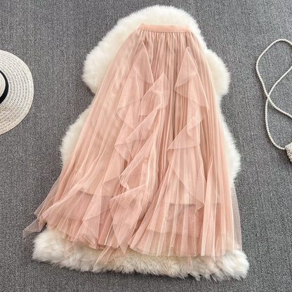 Elastic waist super fairy irregular nail bead mesh skirt  11286