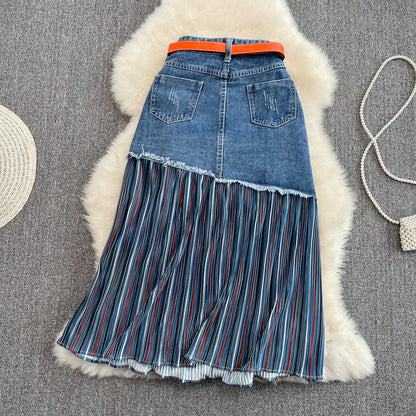Pleated stitched denim skirt, irregular medium length A-line skirt  11275
