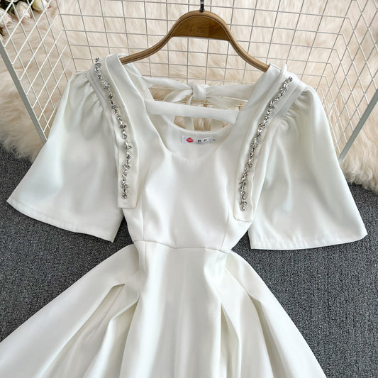 Temperament diamond studded bubble sleeves, slim waist, short A-line dress  11096