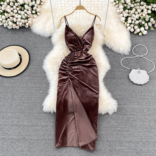 Slim open back split gold velvet dress suspender dress  11055