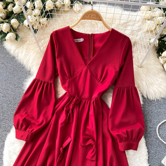 Cute V Neck Long Sleeve Dress A Line Fashion Dress  10858