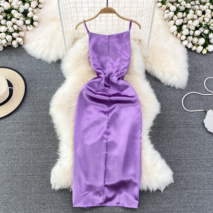 Slim and slim pleated sleeveless diagonal neck strap Hip Wrap Dress  11226
