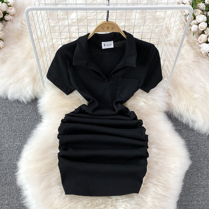 Slim and sexy polo collar, careful machine wrapped hip skirt  11138