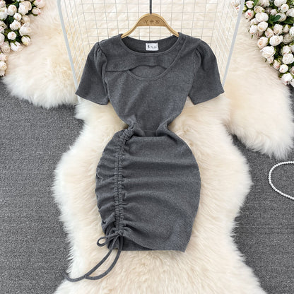 Spice Girl round neck chest hollowed out elastic tight drawstring short Hip Wrap Dress  10970